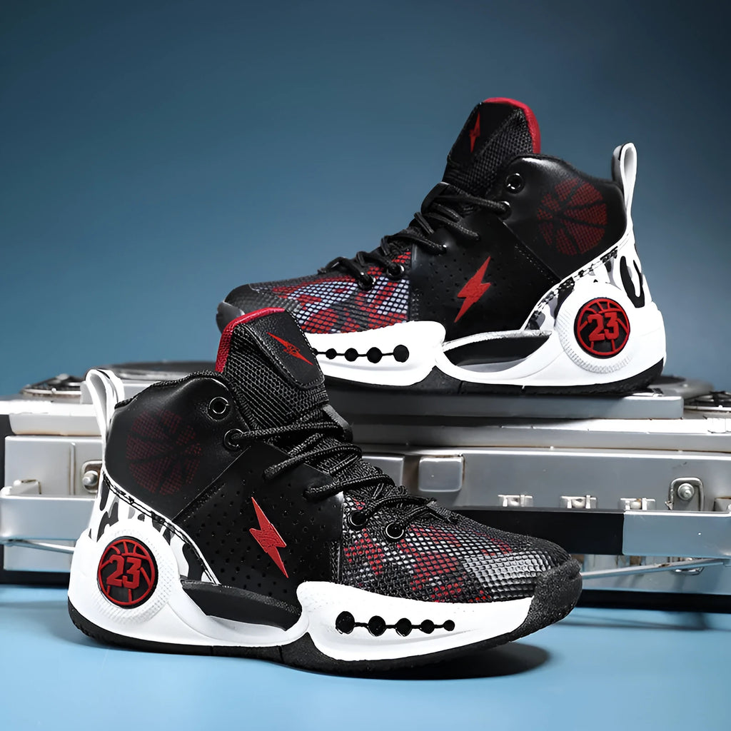 Children's mesh non-slip basketball shoes 8809 Black Red White with rubber sole and lace-up fastening