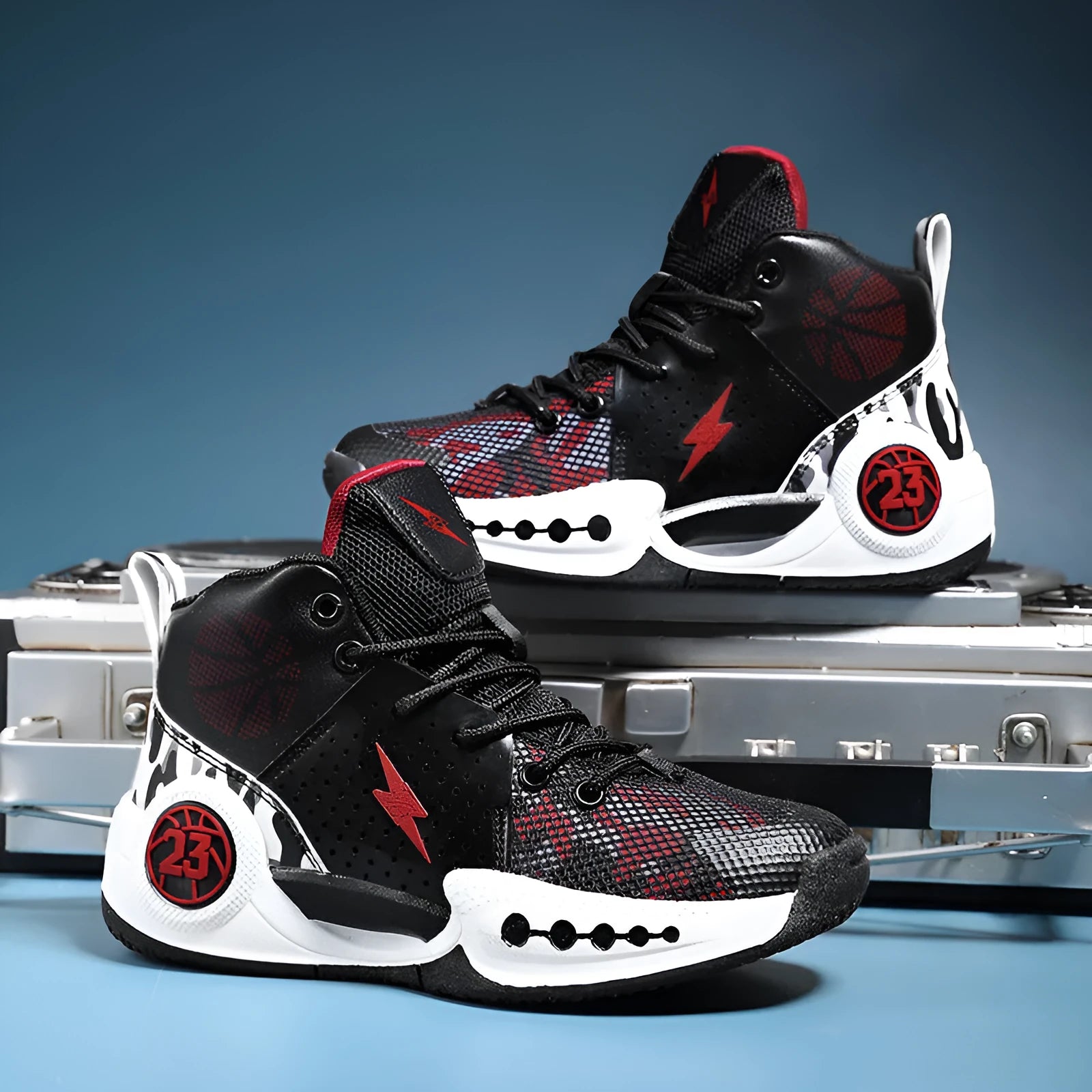 Children's mesh non-slip basketball shoes 8809 Black Red White with rubber sole and lace-up fastening