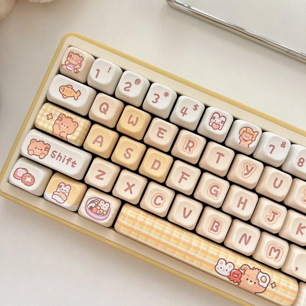 Rabbit Bear Restaurant themed PBT plastic keycaps for mechanical keyboards showing thermal sublimation printing
