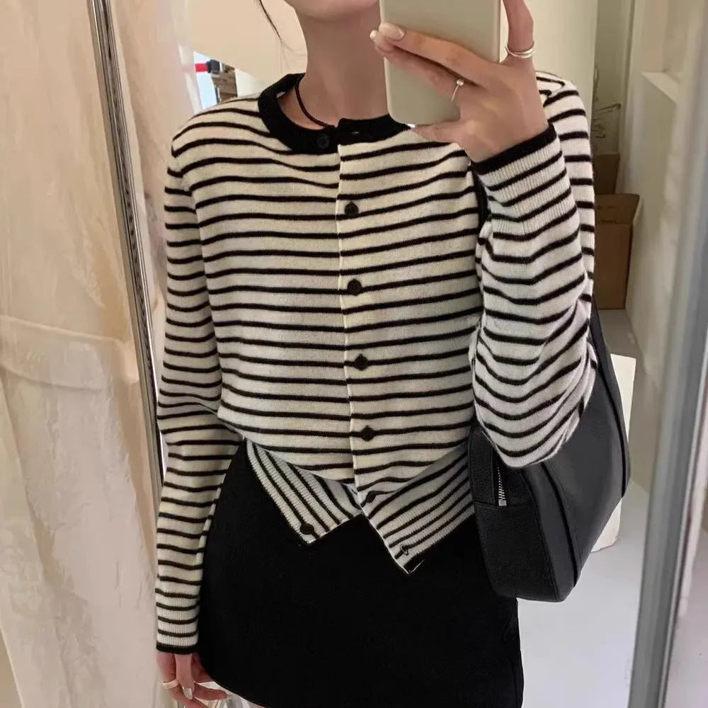Women's dark grey and white striped French style cardigan coat with slim fit and 40cm length