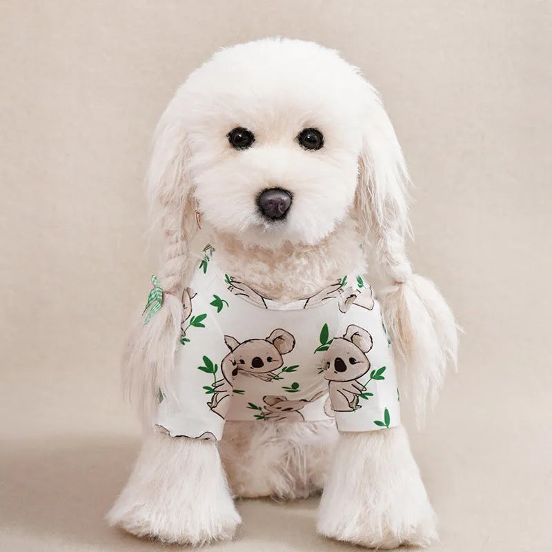Printed polyester dog t-shirt for small dogs showing colourful design with size options S to XXL