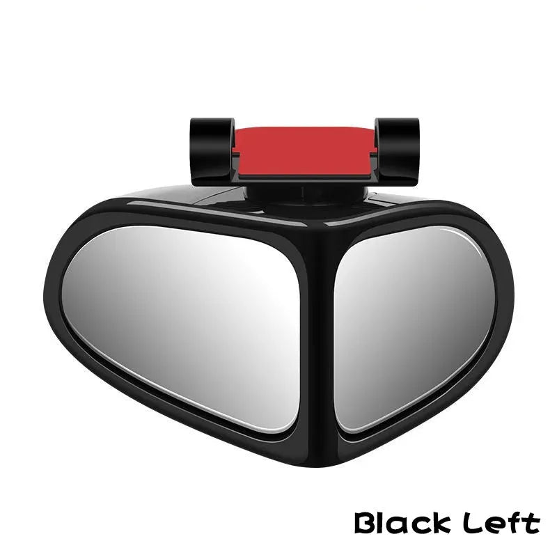 Adjustable wide-angle car reversing mirror in black, shown with adhesive backing.
