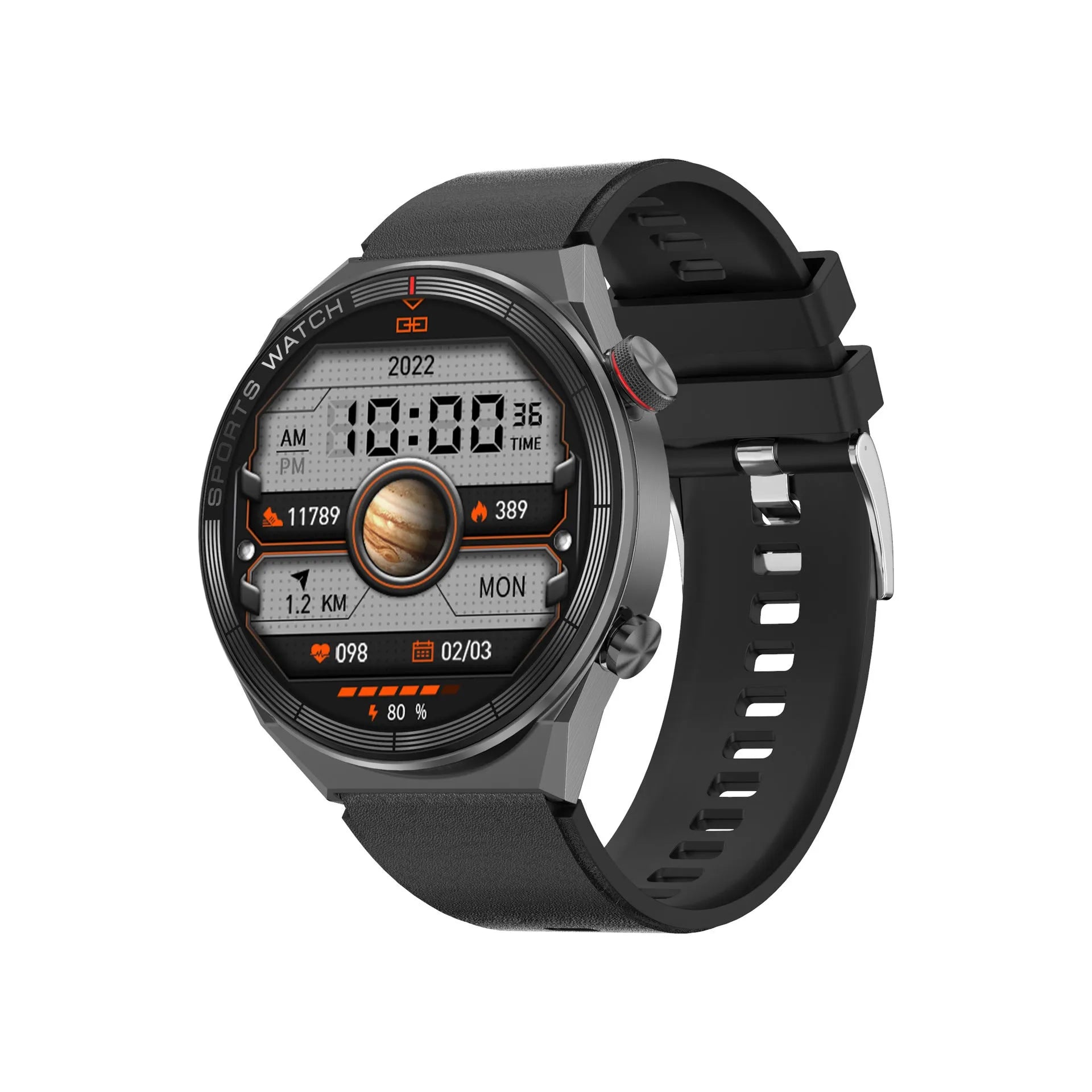 Large screen Bluetooth smart watch with call function shown in black or silver with leather, silicone, and steel strap options.