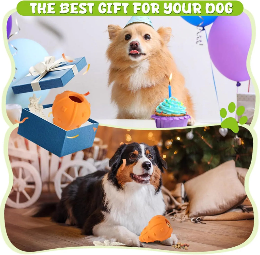 Natural rubber stuffable dog toy with a long strap for interactive play.