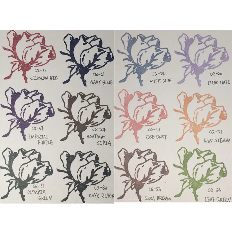 Rectangular stamp pad with oily ink in cocoa brown, fog blue, gray pink, green, and leaf green options