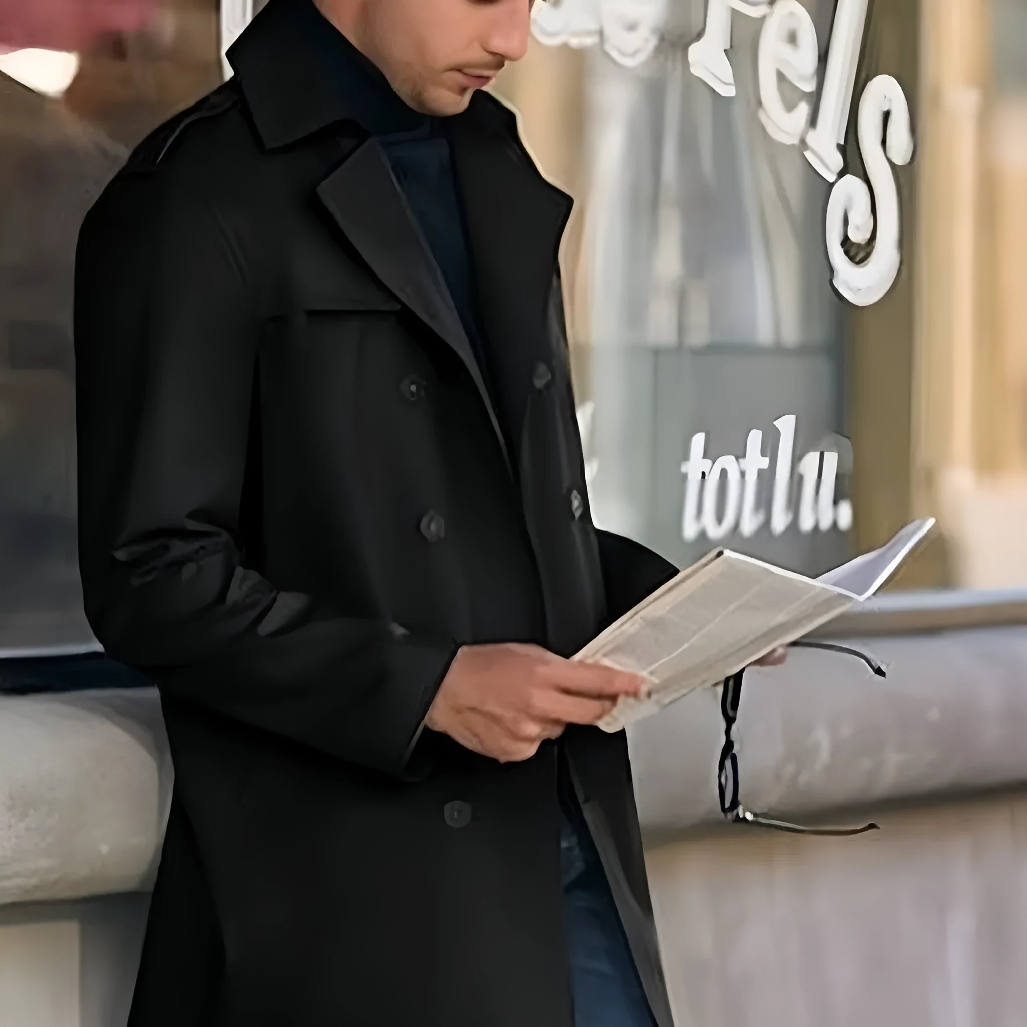 Men's double breasted mid-length polyester coat in black front view