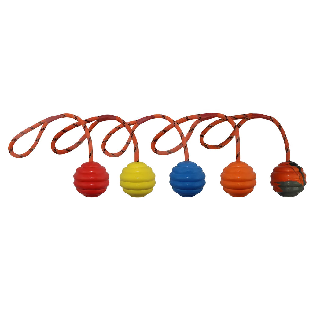 6x30cm rubber dog toy ball with rope knot in multi-colour options for chewing and training