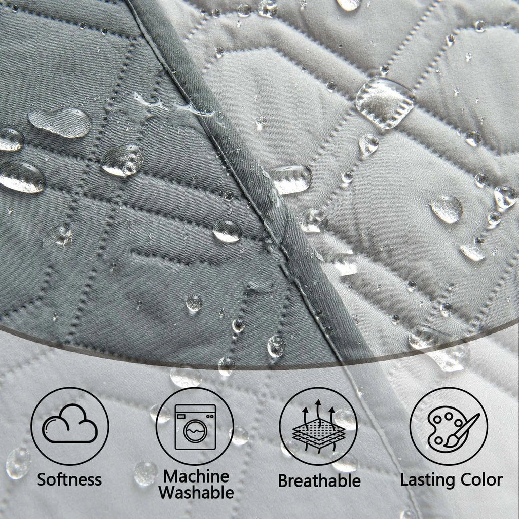 Reversible waterproof pet cushion for sofas in two-tone colours, shown alongside a size chart.