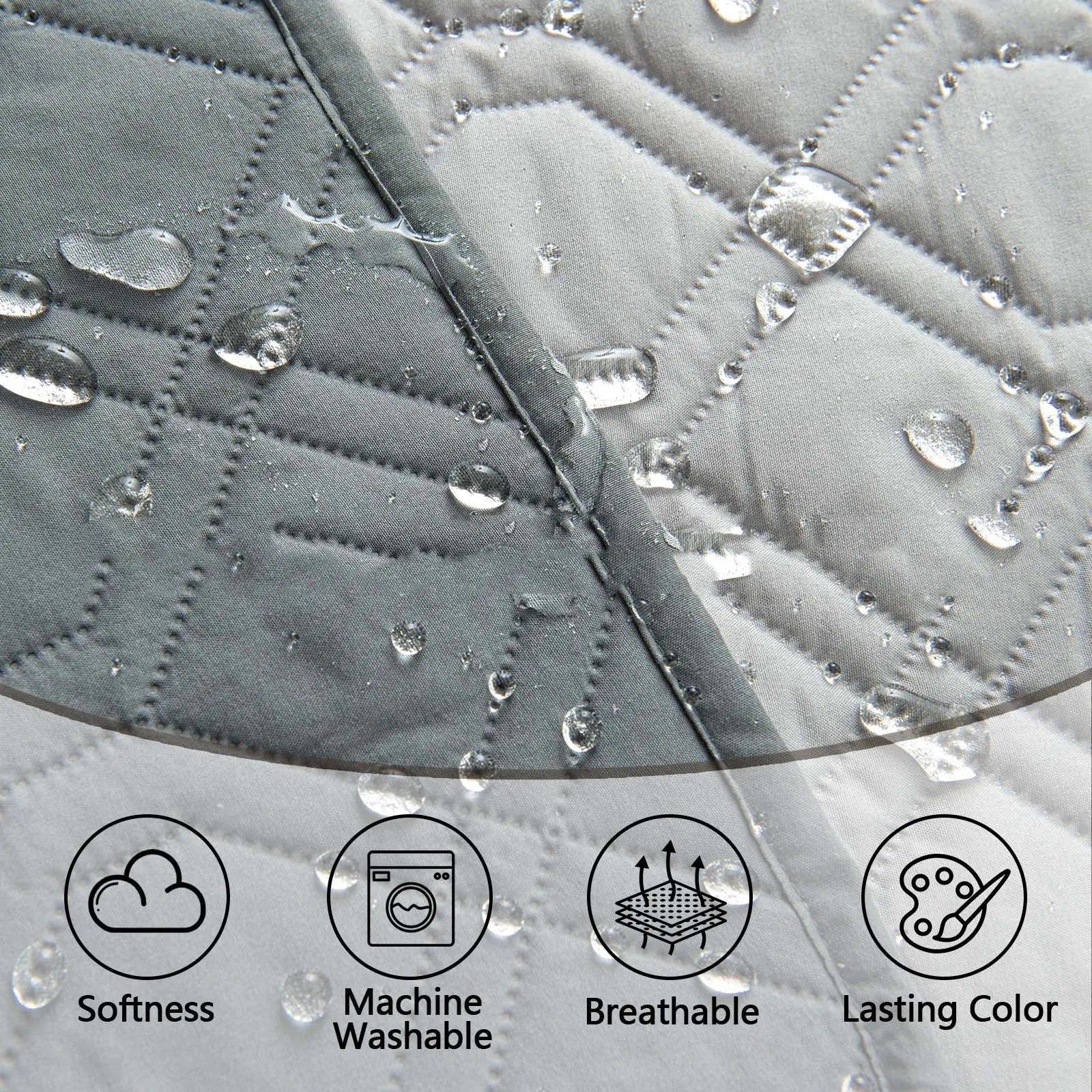 Reversible waterproof pet cushion for sofas in two-tone colours, shown alongside a size chart.