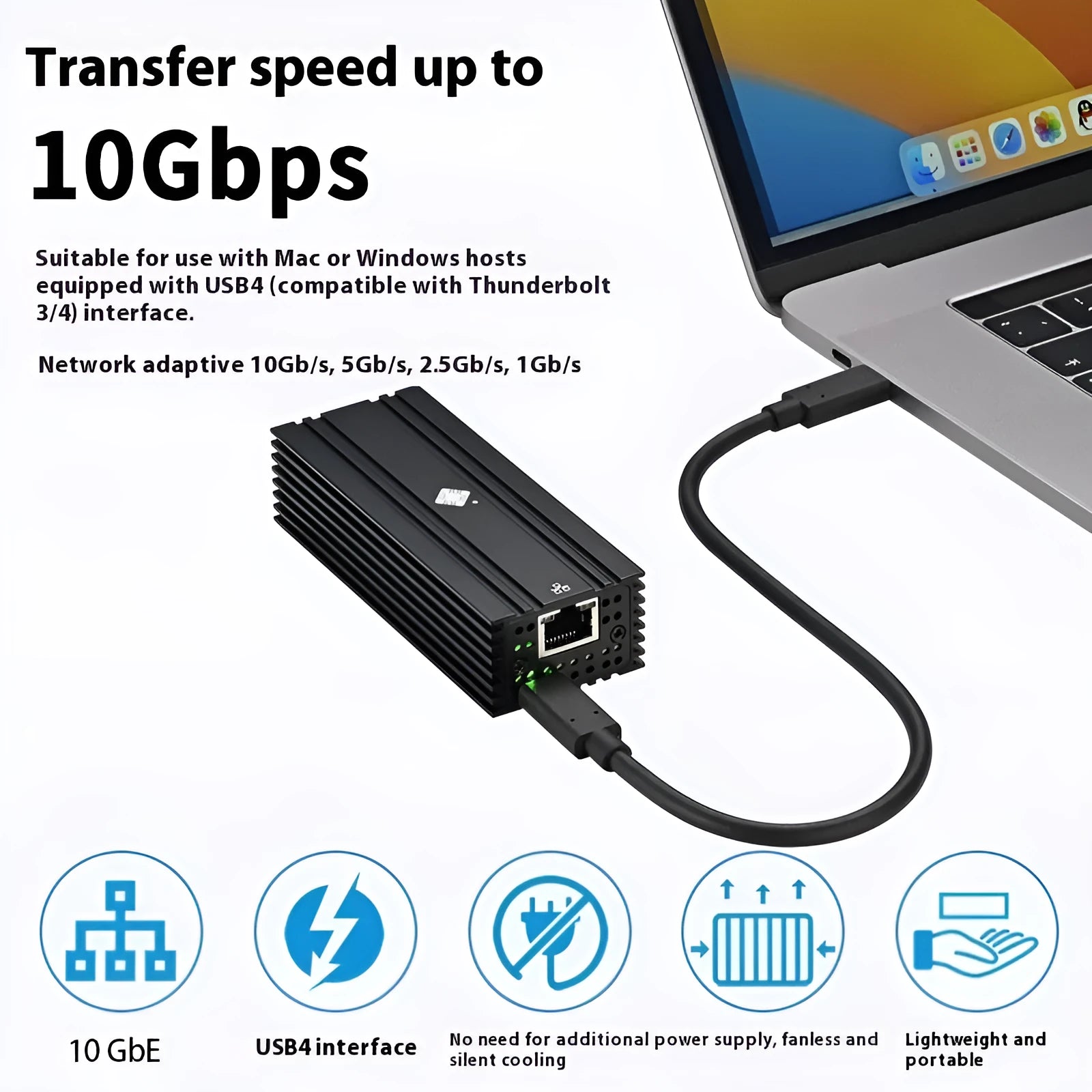 Black Leyu USB4 10 Gigabit Ethernet network adapter with RJ45 port and 20cm cable