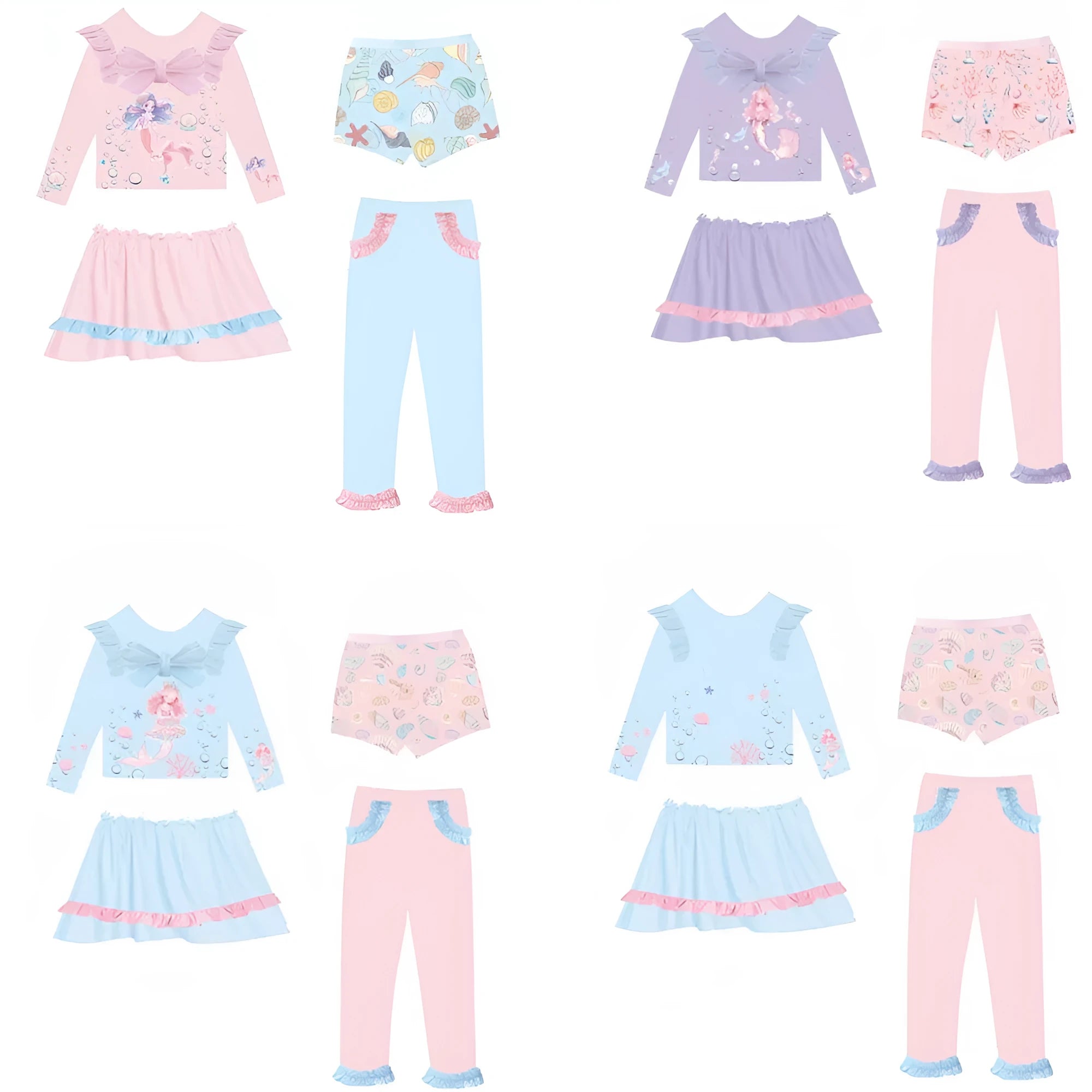 Girl's mermaid swimsuit set with gilded detailing in Baby Ocean colour, showing top, skirt, trousers, and shorts.