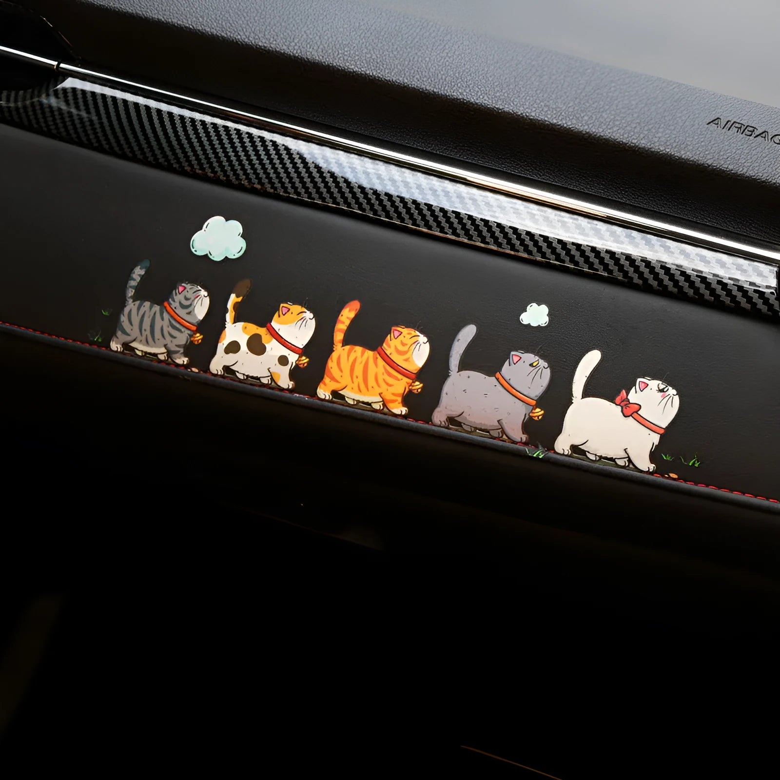 Waterproof PVC car sticker decal showing a design of five cats walking, available in three sizes.