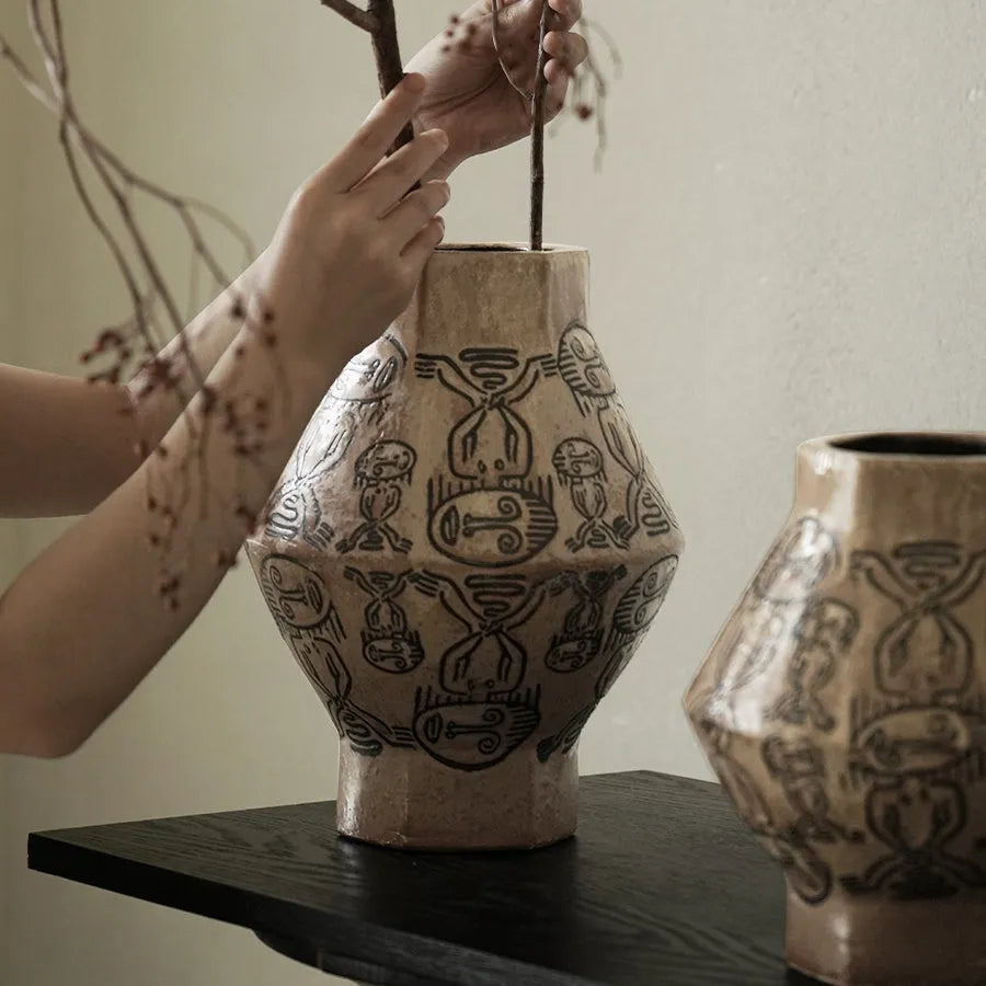 Hand-painted ceramic cylindrical table vase with carved vintage art and religious patterns