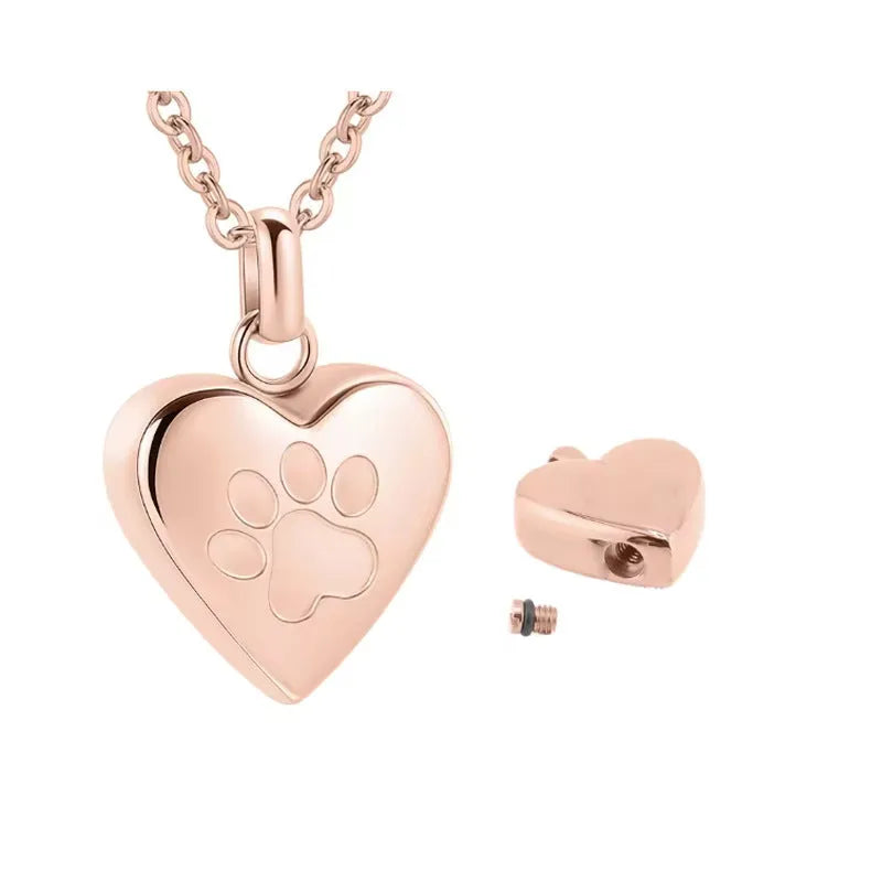 Openable titanium steel heart pendant with paw print for memorial ashes on necklace chain
