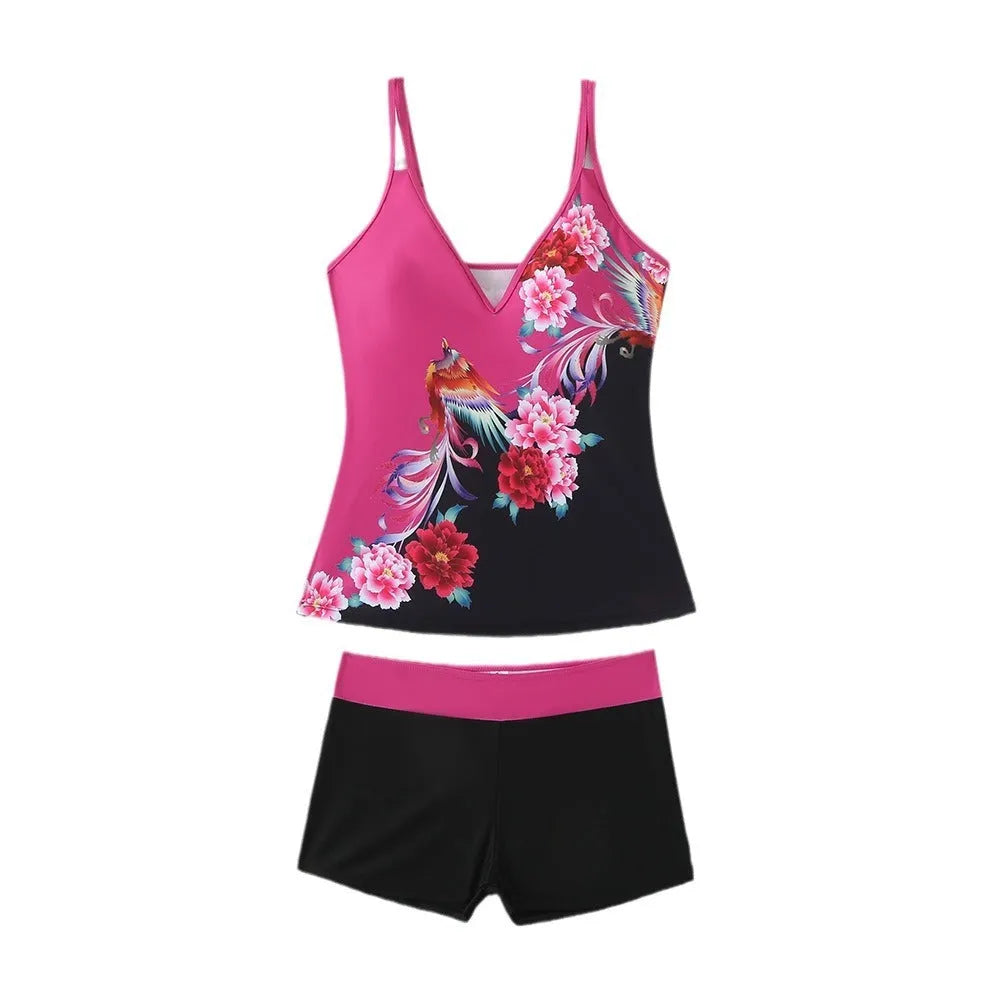 Women's plus size black and rose red swimsuit set with briefs, made from polyester with cotton lining.