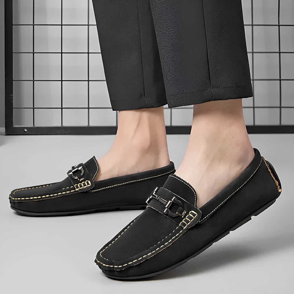 Men's casual round-toe leather shoes in black, brown, and beige colour options