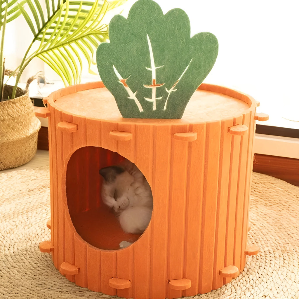 Handmade felt cat nest tunnel with semi-enclosed design and drilled openings, shown in M and L sizes