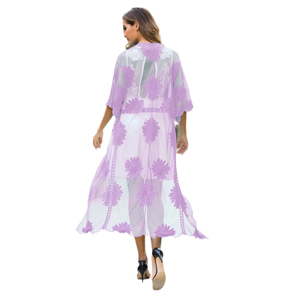 Light purple lace embroidery beach dress cardigan for swimming cover-up