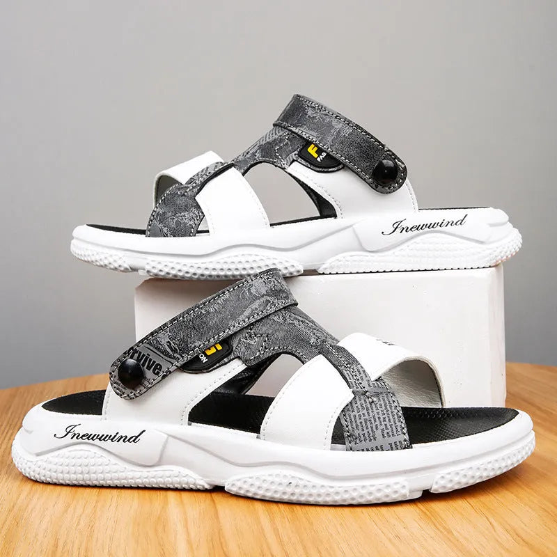 Grey microfiber leather mens beach sandal with open toe and non-slip PVC sole