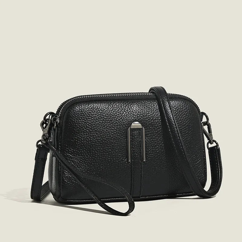 Genuine leather women's shoulder bag in horizontal square shape, shown in one of five colour options.