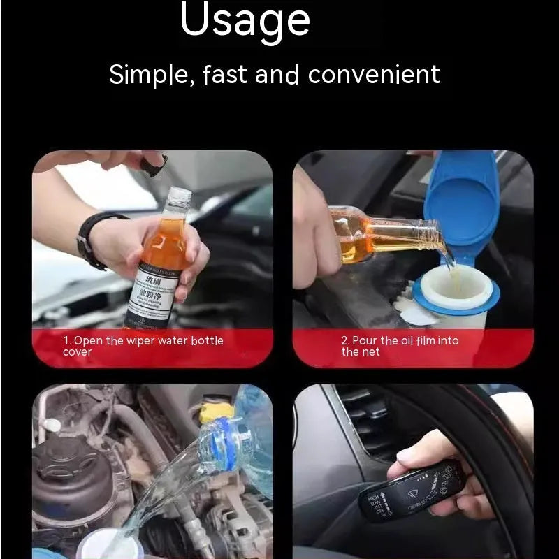 150ml bottle of car glass oil film remover cleaner with blue and yellow packaging options.