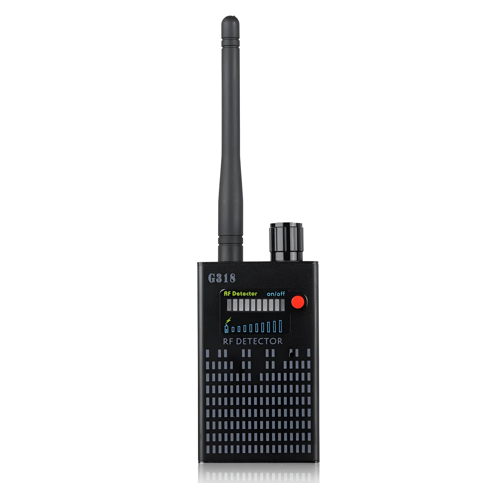 Black G318 aluminium alloy anti-theft camera detector with data cable.