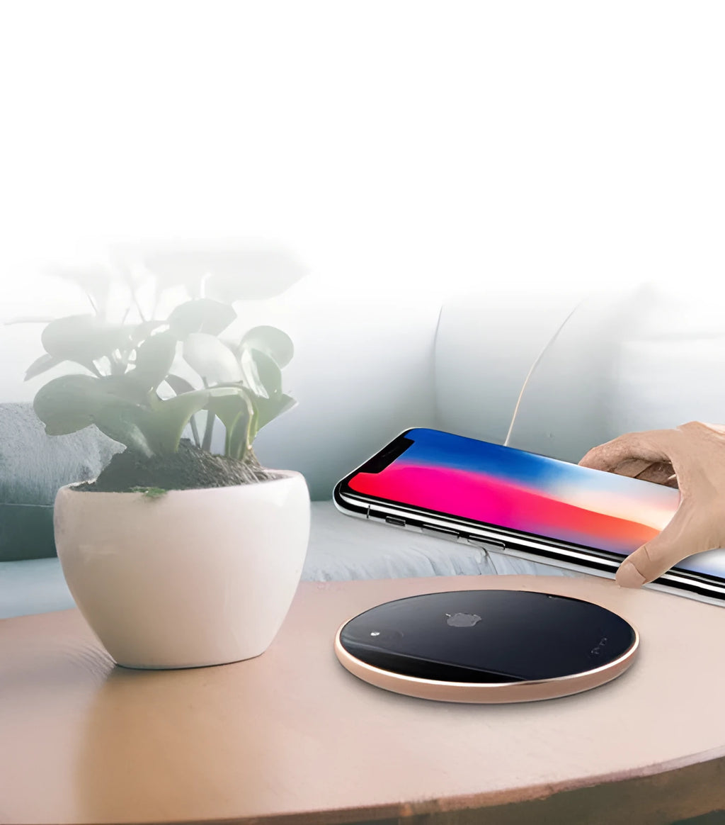 Ultra-thin aluminium alloy wireless charging pad in a choice of colours showing LED indicator and Micro USB port.