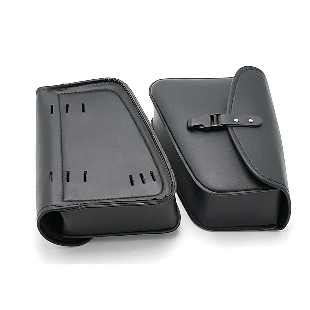 Black PU leather motorcycle swingarm bag mounted on Harley Sportster side storage