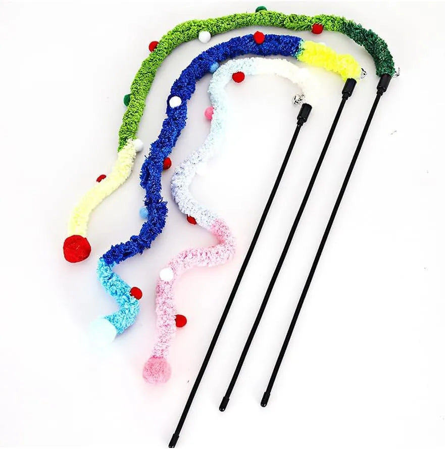 Blue cat wand toy with long plush strip and fluffy ball with bell attachment