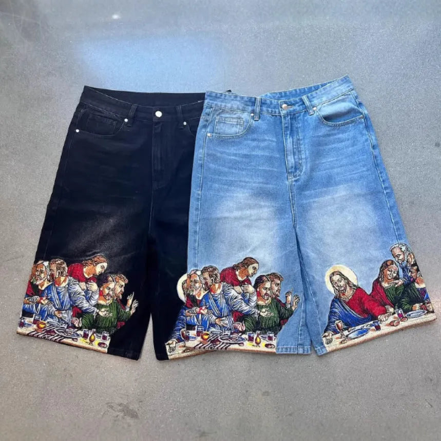 Men's blue cotton shorts with Jesus print on back pocket, tapered design