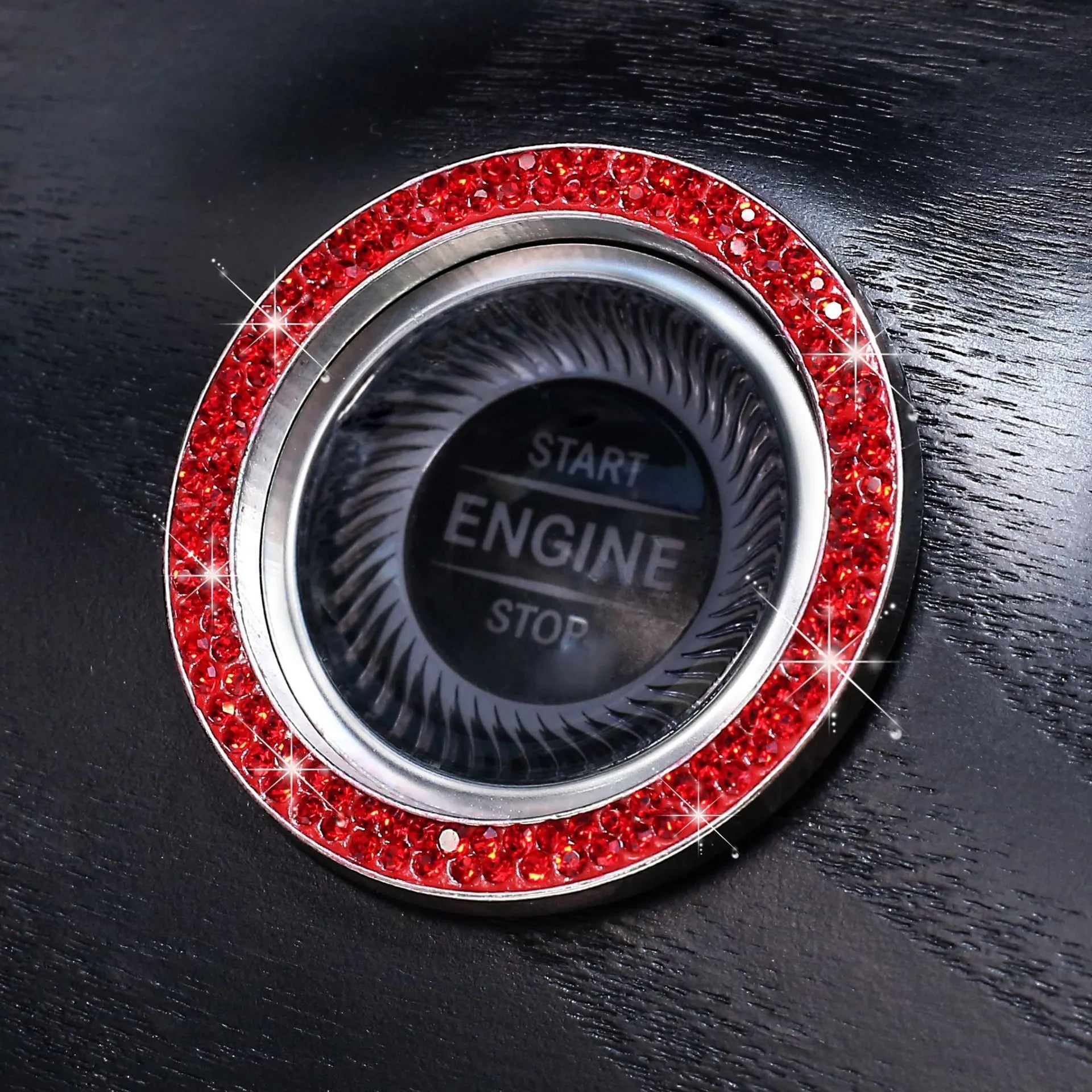 Diamond-encrusted car one-button start decorative ring sticker in pink with rhinestones on a car start button