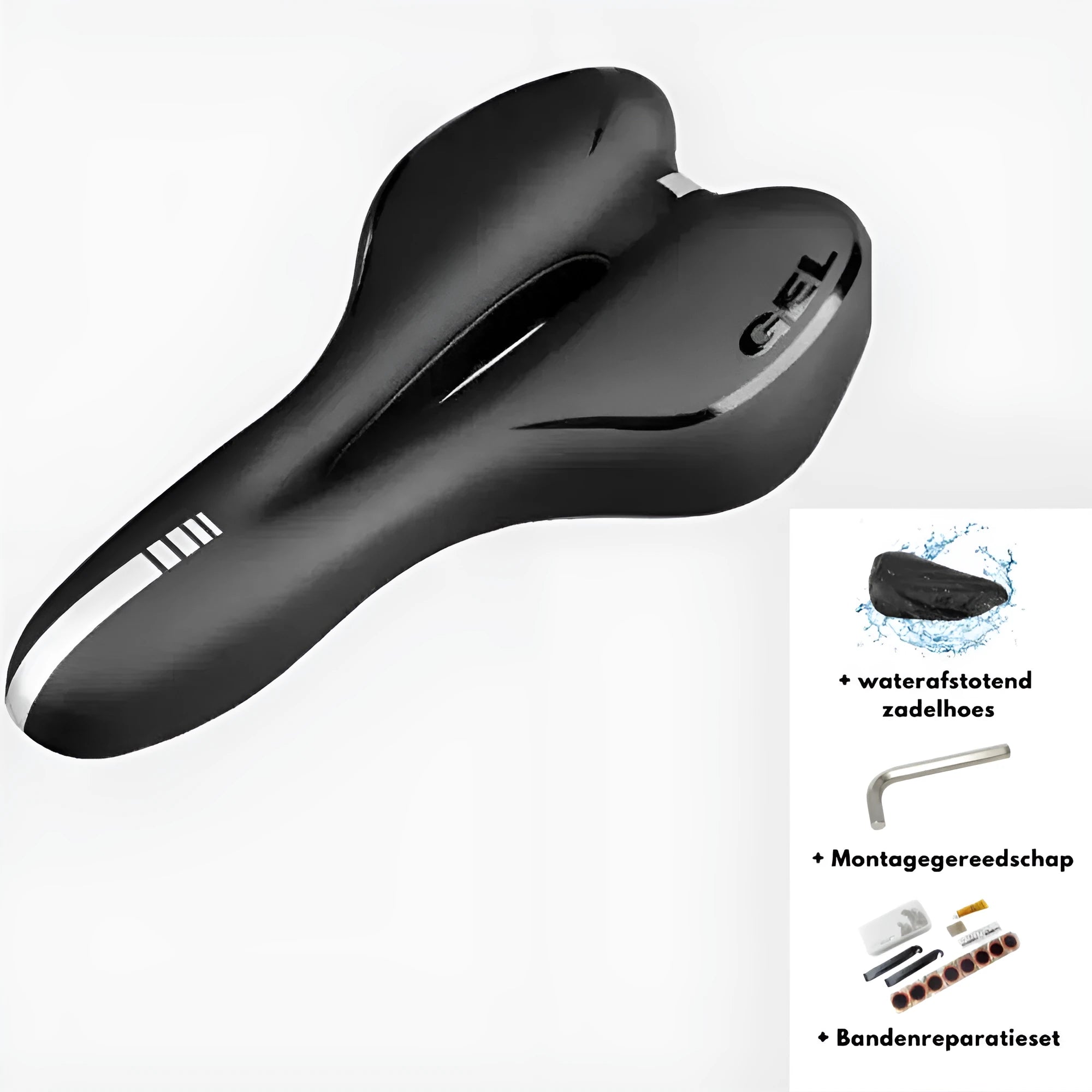 Bicycle saddle cushion with PU leather cover, shown with waterproof cover, wrench, and tire patch kit.