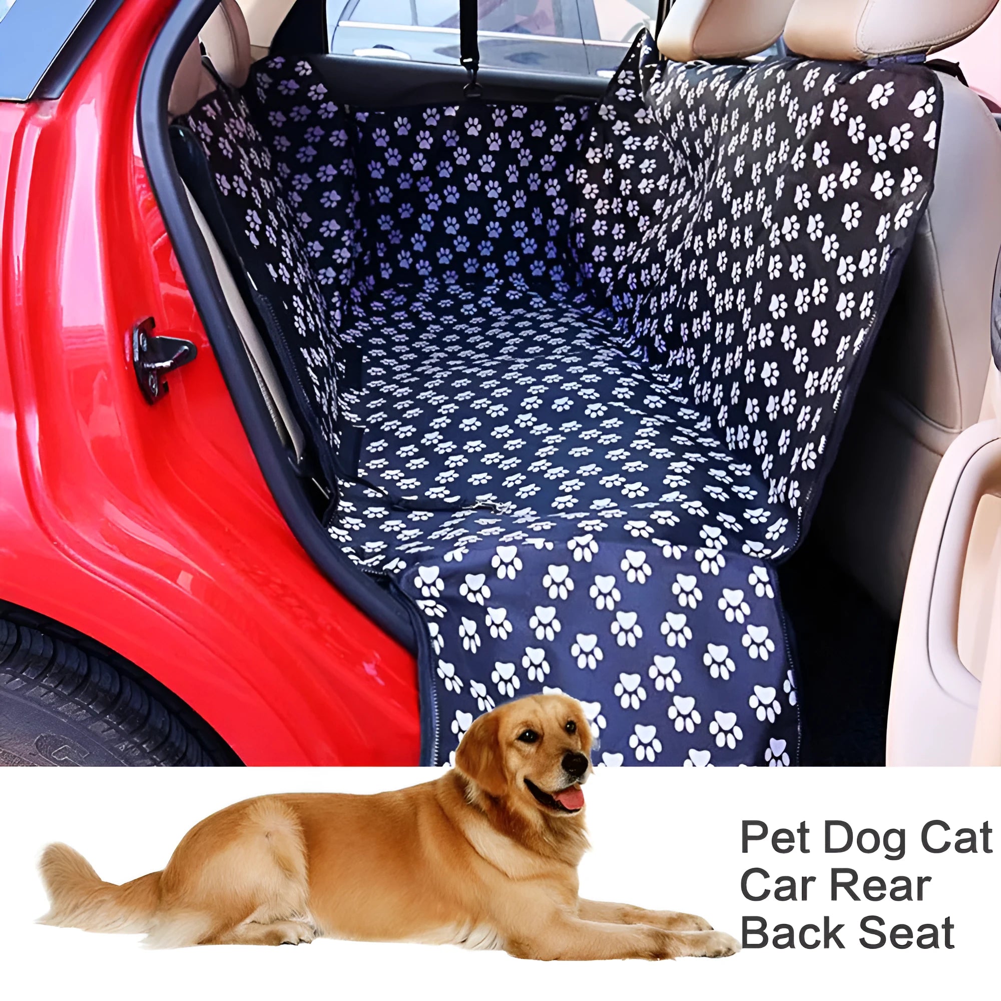 Car back seat cover for pet dog hammock in black Oxford cloth with clasp belt and foldable design