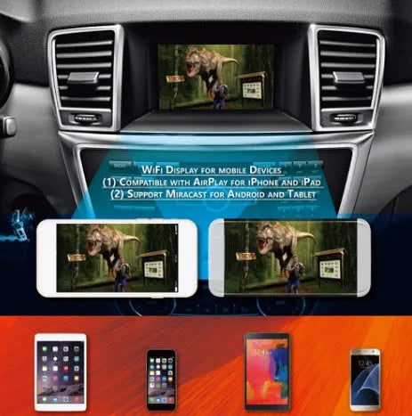 Black Car Mirror Link Box Wi-Fi converter with power cable, AV cable, antenna, and user manual.
