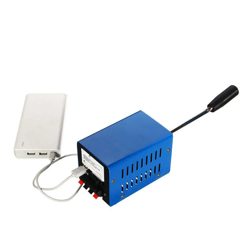 Blue metal hand crank USB power generator with anti-slip grips for emergency charging
