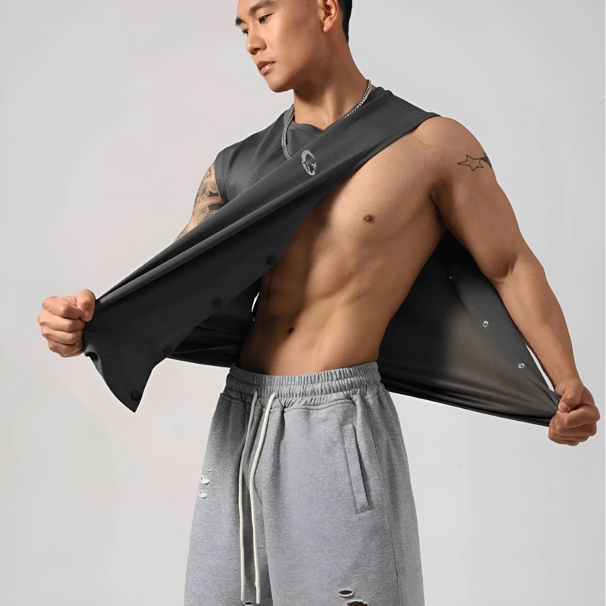 Men's Korean style loose fitness vest with two-side hidden hook opening in solid colour