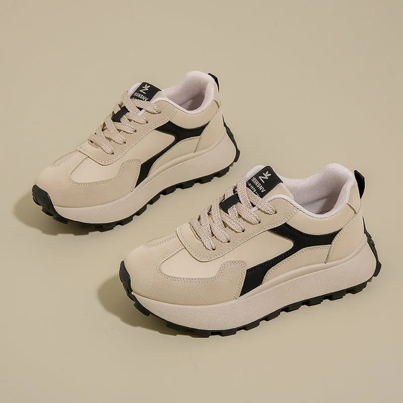 Women's low-top platform trainers with front lace-up design in card black, khaki red and white grey colour options