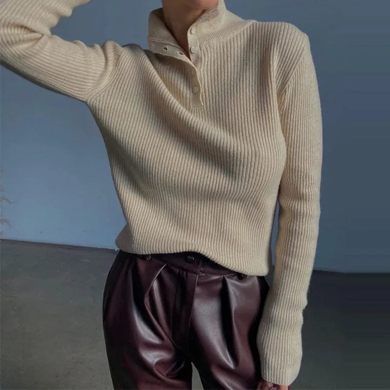 Retro breasted half turtleneck slim fit pullover sweater in silver grey colour