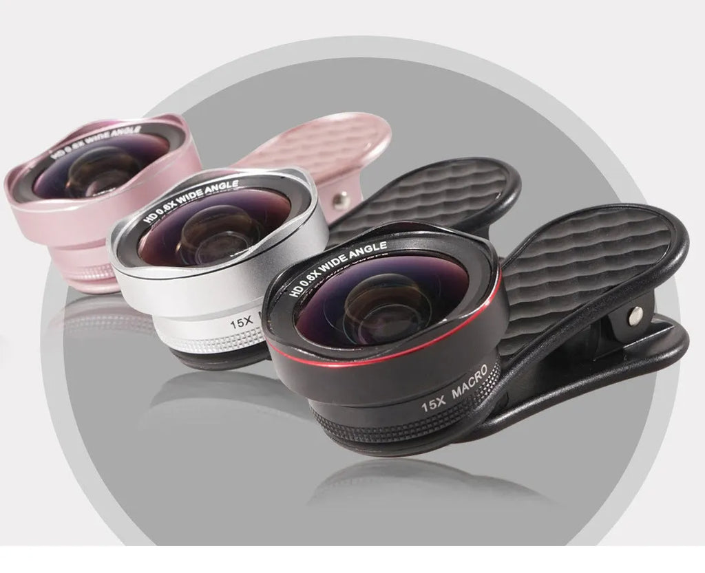 Smartphone external camera lens kit with wide-angle and macro lenses and universal phone clip