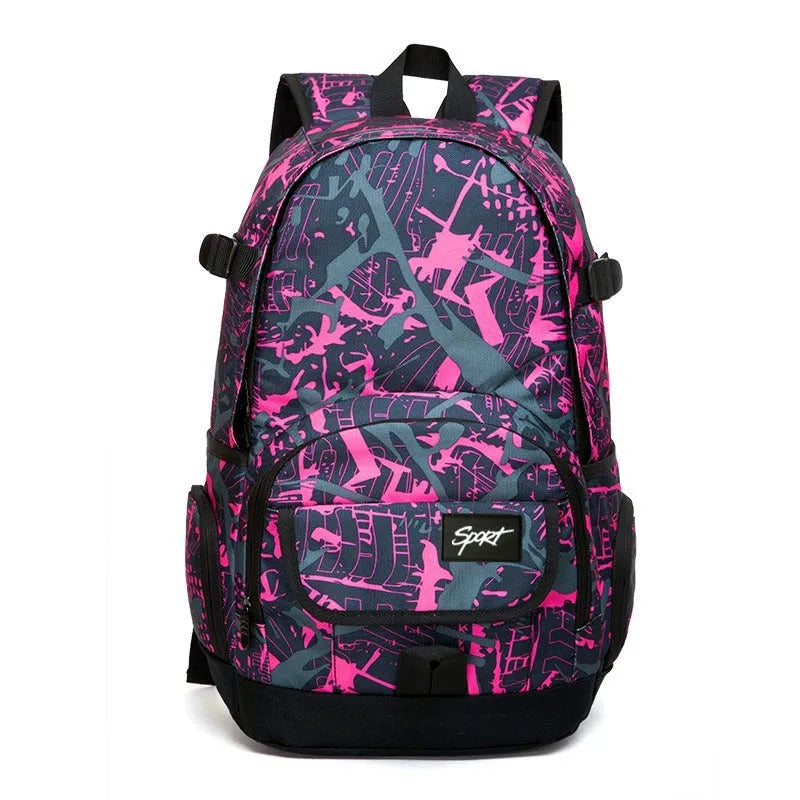 Classic red or blue nylon backpack with large main compartment for school and travel