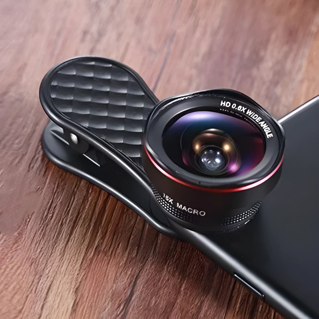 Smartphone external camera lens kit with wide-angle and macro lenses and universal phone clip