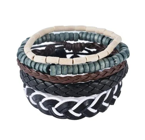 Handmade adjustable leather bracelet with wooden beads and multi-layer wrap design
