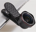 Smartphone external camera lens kit with wide-angle and macro lenses and universal phone clip