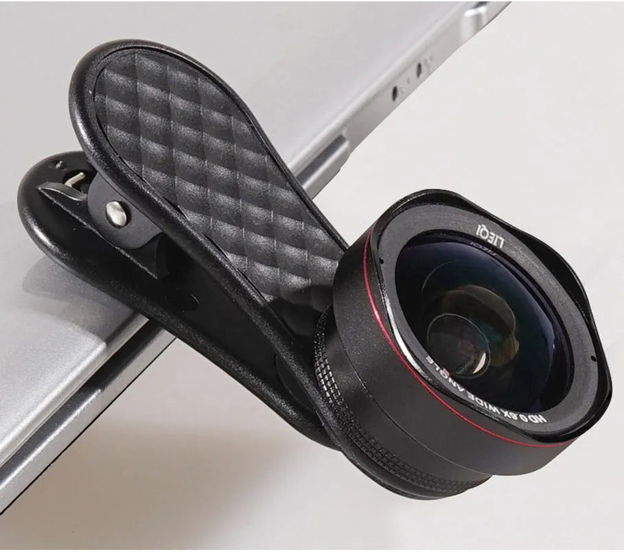 Smartphone external camera lens kit with wide-angle and macro lenses and universal phone clip