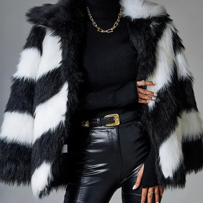 Women's faux fur coat with contrast colour lapels and removable fur collar in mid-length design