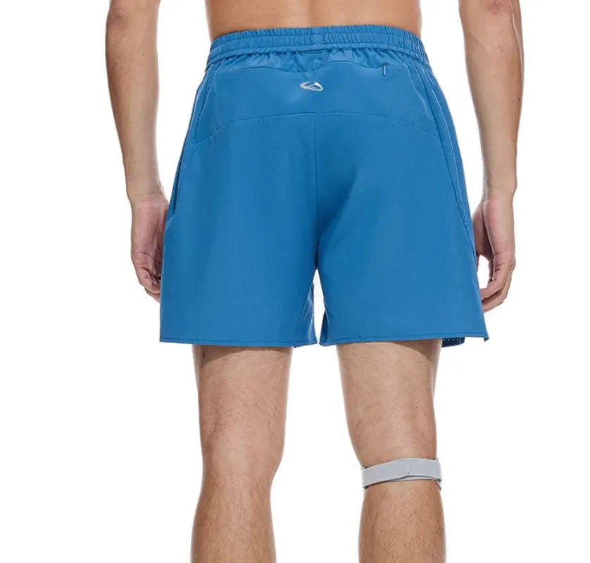 Black and blue four-point stretch running shorts with laser-stitched seams laid flat.