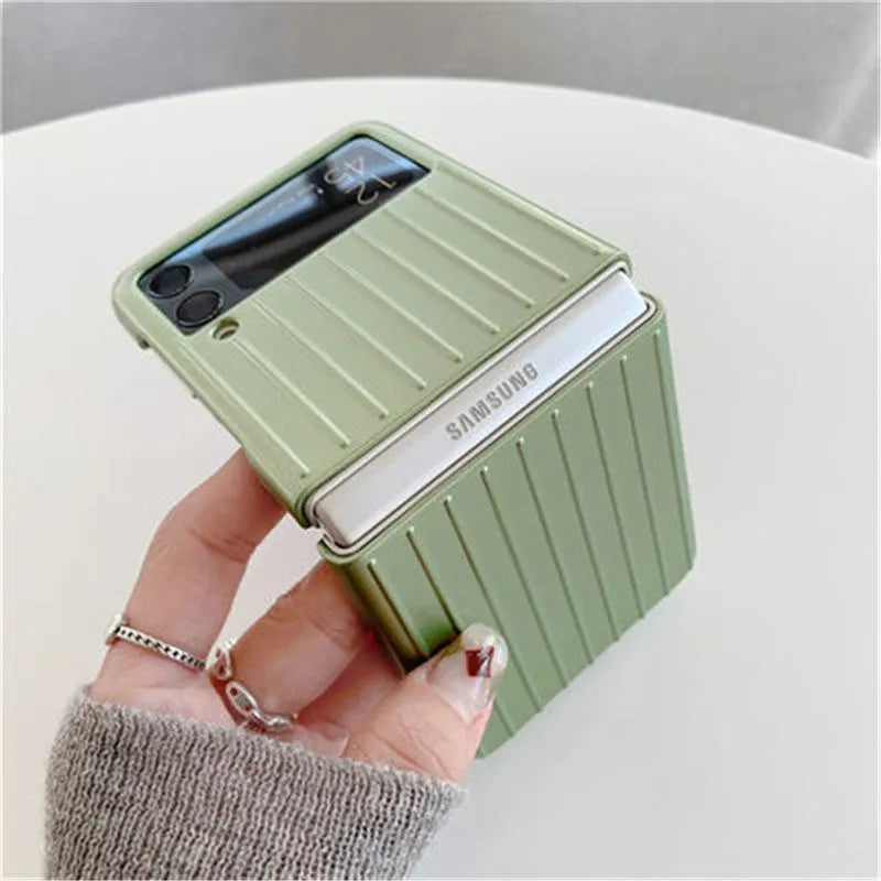 Samsung Z Flip3 ultra-thin flip case in solid colours, showing PC material construction for folding screen protection.