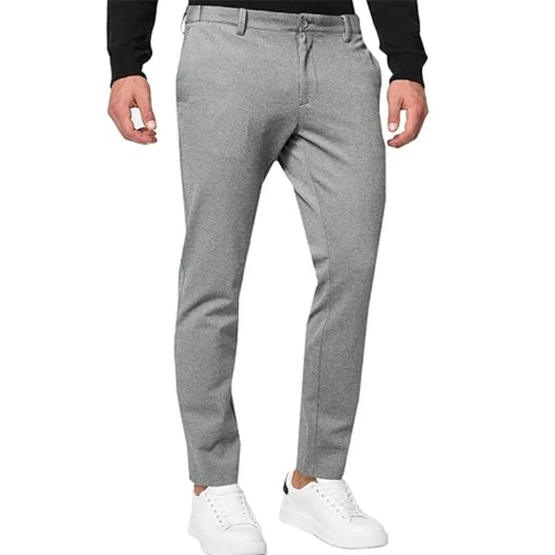 Men's tapered slim-fit chino trousers in army green with stretch fabric and mid-waist design
