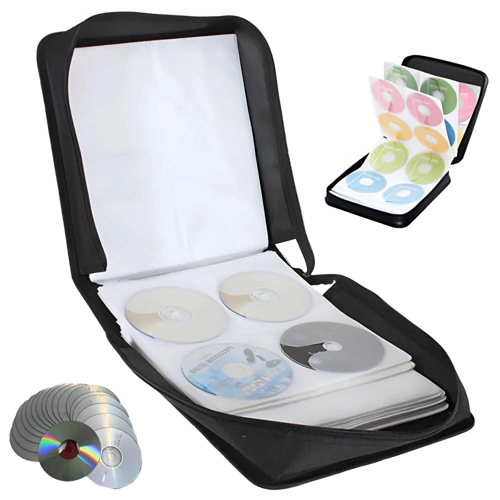 Black Oxford cloth CD DVD storage wallet organiser with carrying strap and zipper closure
