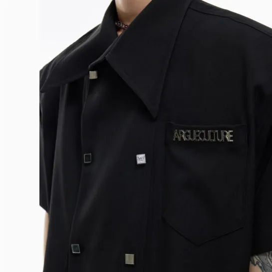 Men's loose short-sleeved summer shirt in black colour with decorative splicing details